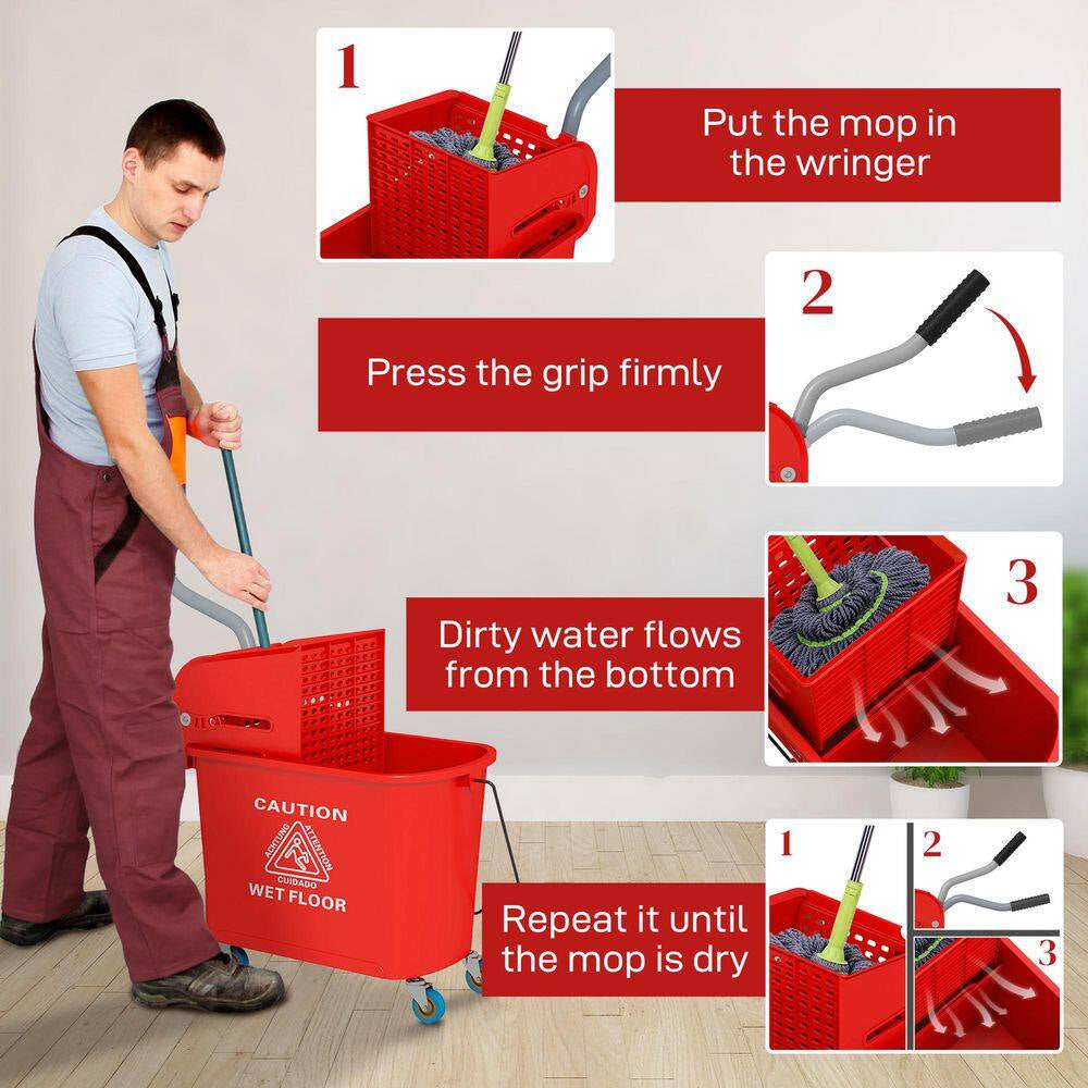 5 Gal. Mop Bucket with Wringer and Wheels, Separate Dirty and Clean Water, Red