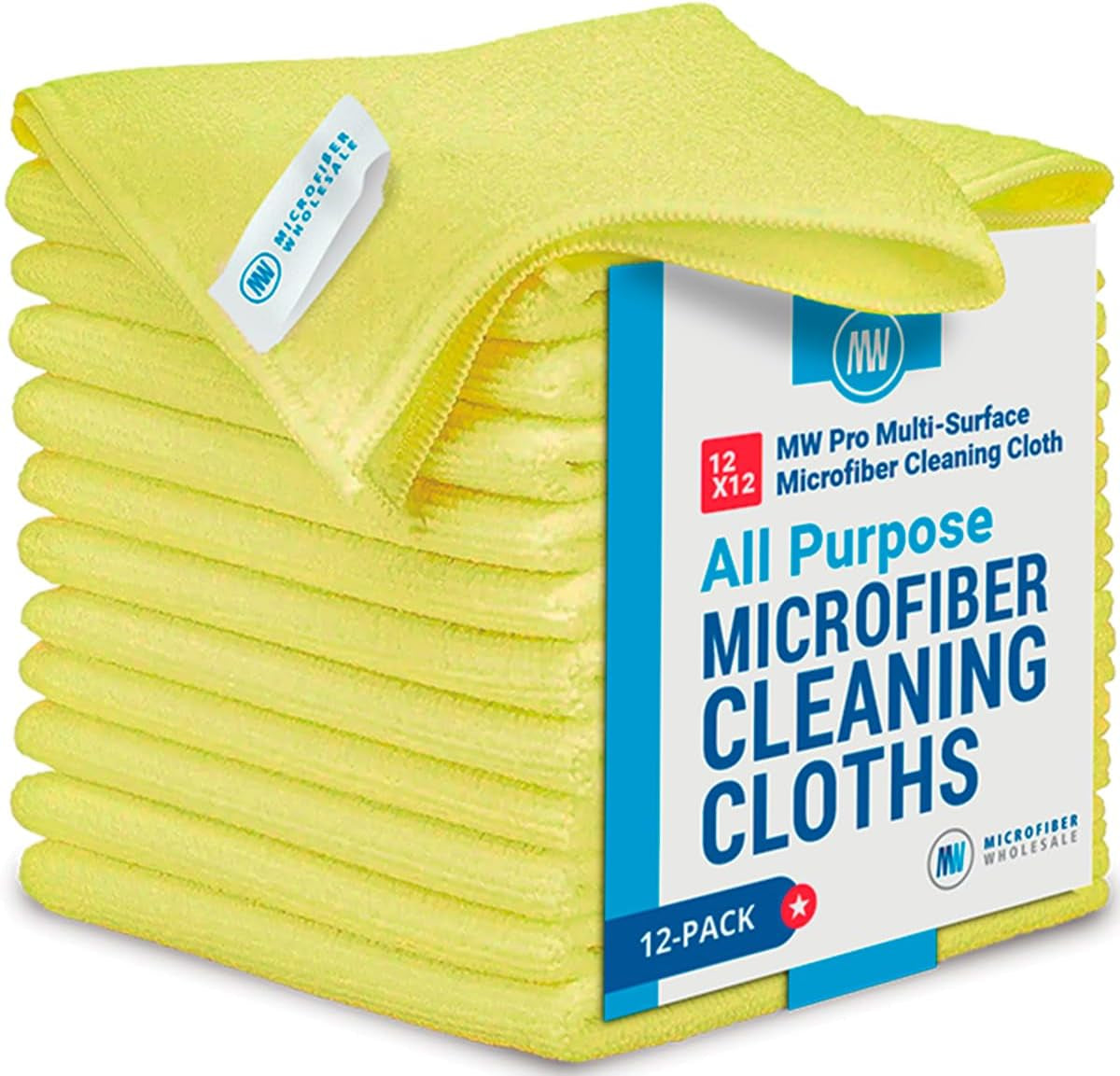 12" X 12" MW Pro Multi-Surface Microfiber Cleaning Cloths | Yellow - 12 Pack | Premium Microfiber Towels for Cleaning Glass, Kitchens, Bathrooms, Automotive, Supplies & Products