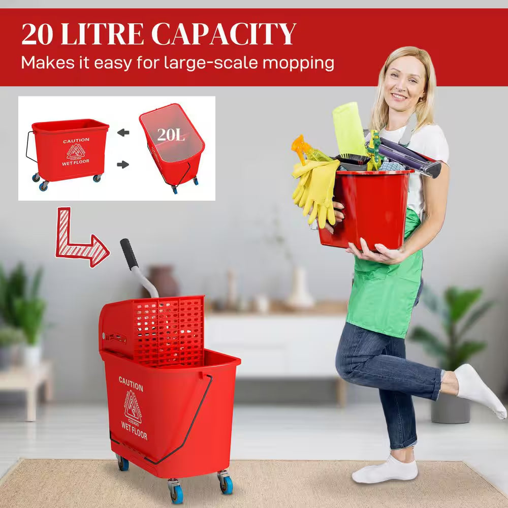 5 Gal. Mop Bucket with Wringer and Wheels, Separate Dirty and Clean Water, Red