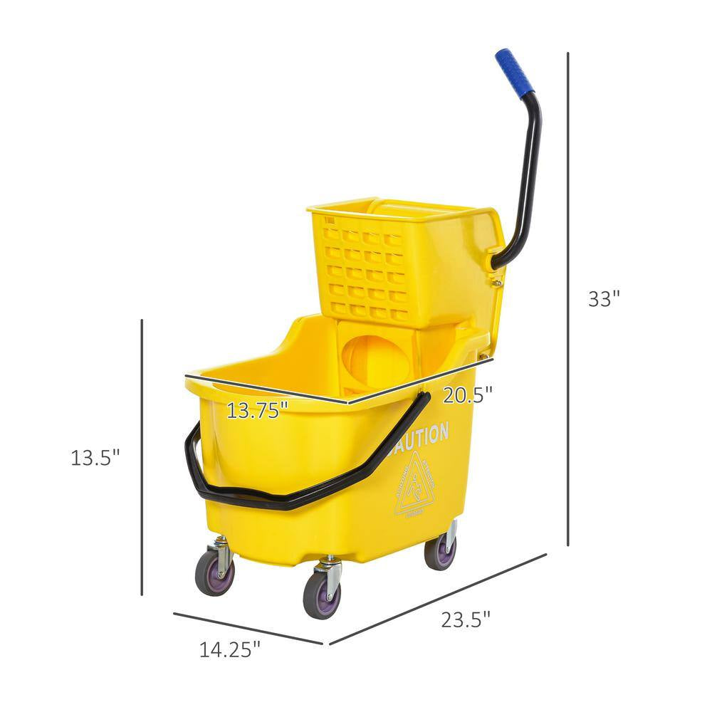 34 Qt. Capacity Yellow Mop Bucket with Side Press Wringer Cart on Wheels with Metal Handle