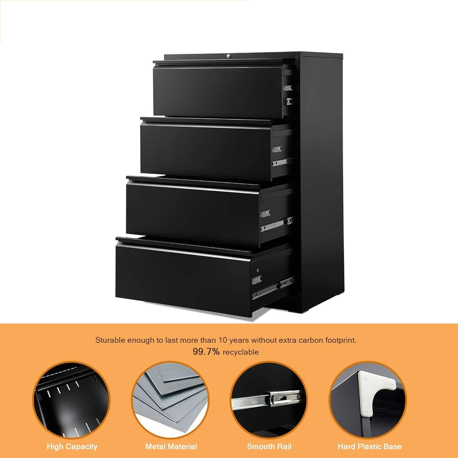 4 Drawer Lateral Steel File Organizing Cabinet with Locking System and Adjustable Hanging Bars for Letter/Legal Size Paper, Black
