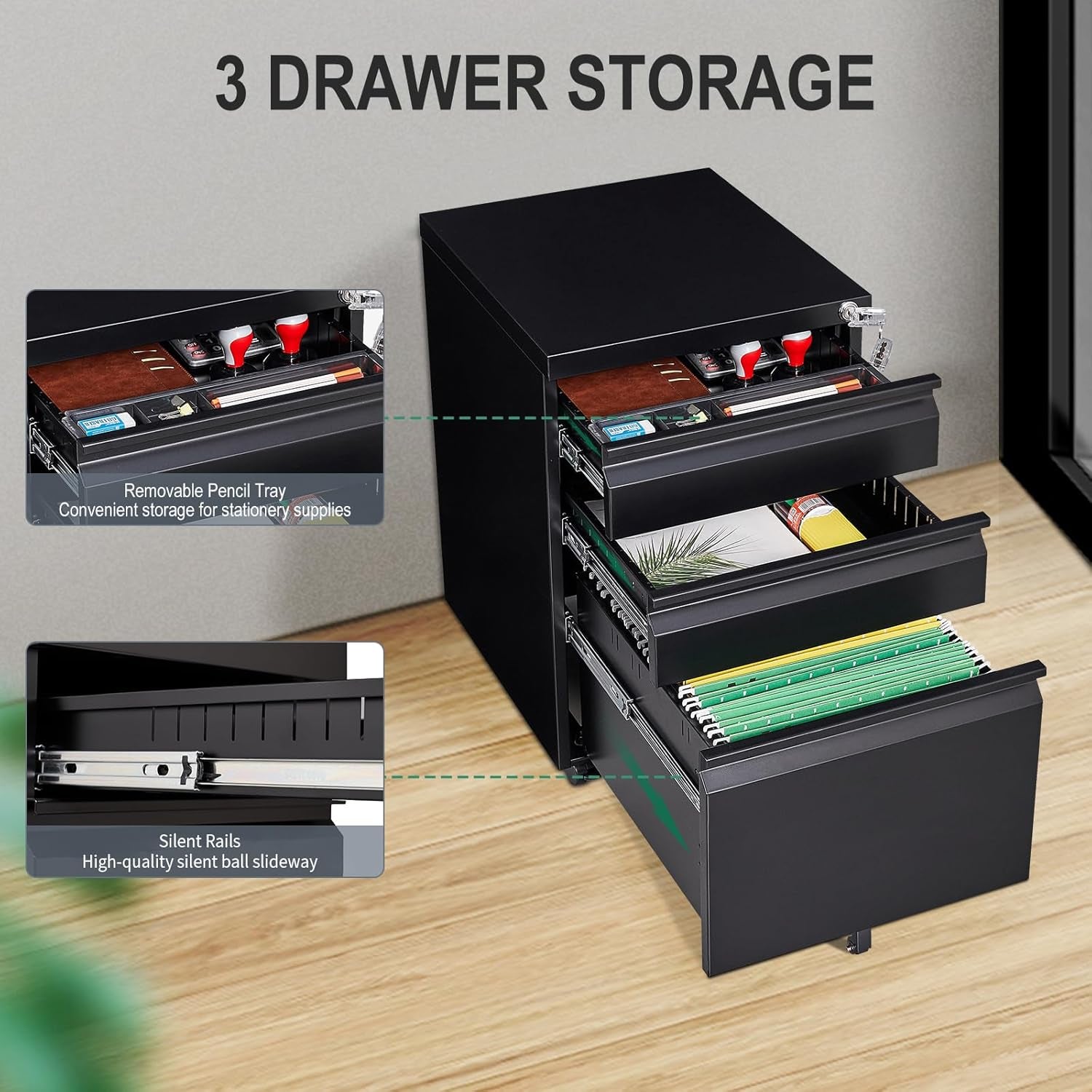 Metal 3 Drawer Mobile Filing Cabinet A4/F4 Size Storage with Wheel Disassembled (Black)