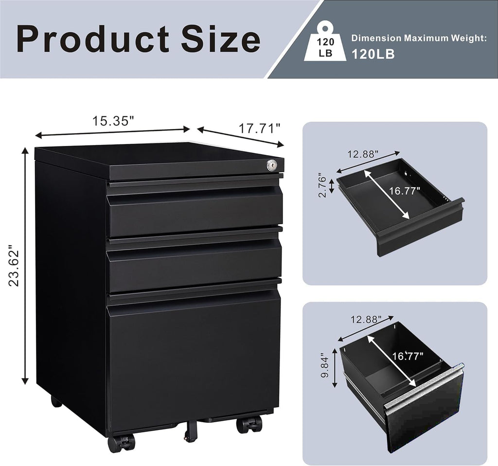 Metal 3 Drawer Mobile Filing Cabinet A4/F4 Size Storage with Wheel Disassembled (Black)