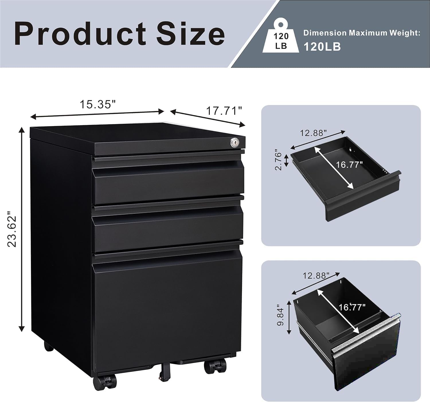 Metal 3 Drawer Mobile Filing Cabinet A4/F4 Size Storage with Wheel Disassembled (Black)