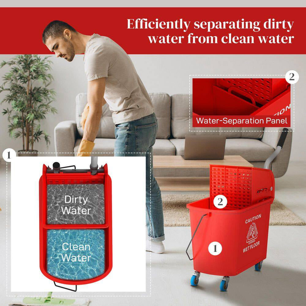 5 Gal. Mop Bucket with Wringer and Wheels, Separate Dirty and Clean Water, Red