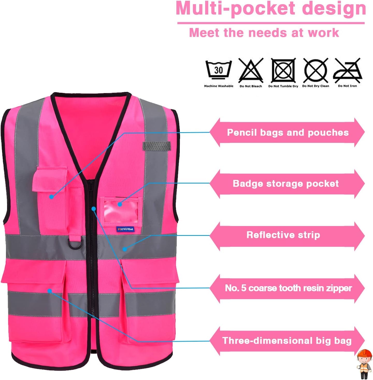 Pink High Visibility Safety Vest with Reflective Strips, Multiple Colors Available,X-Large