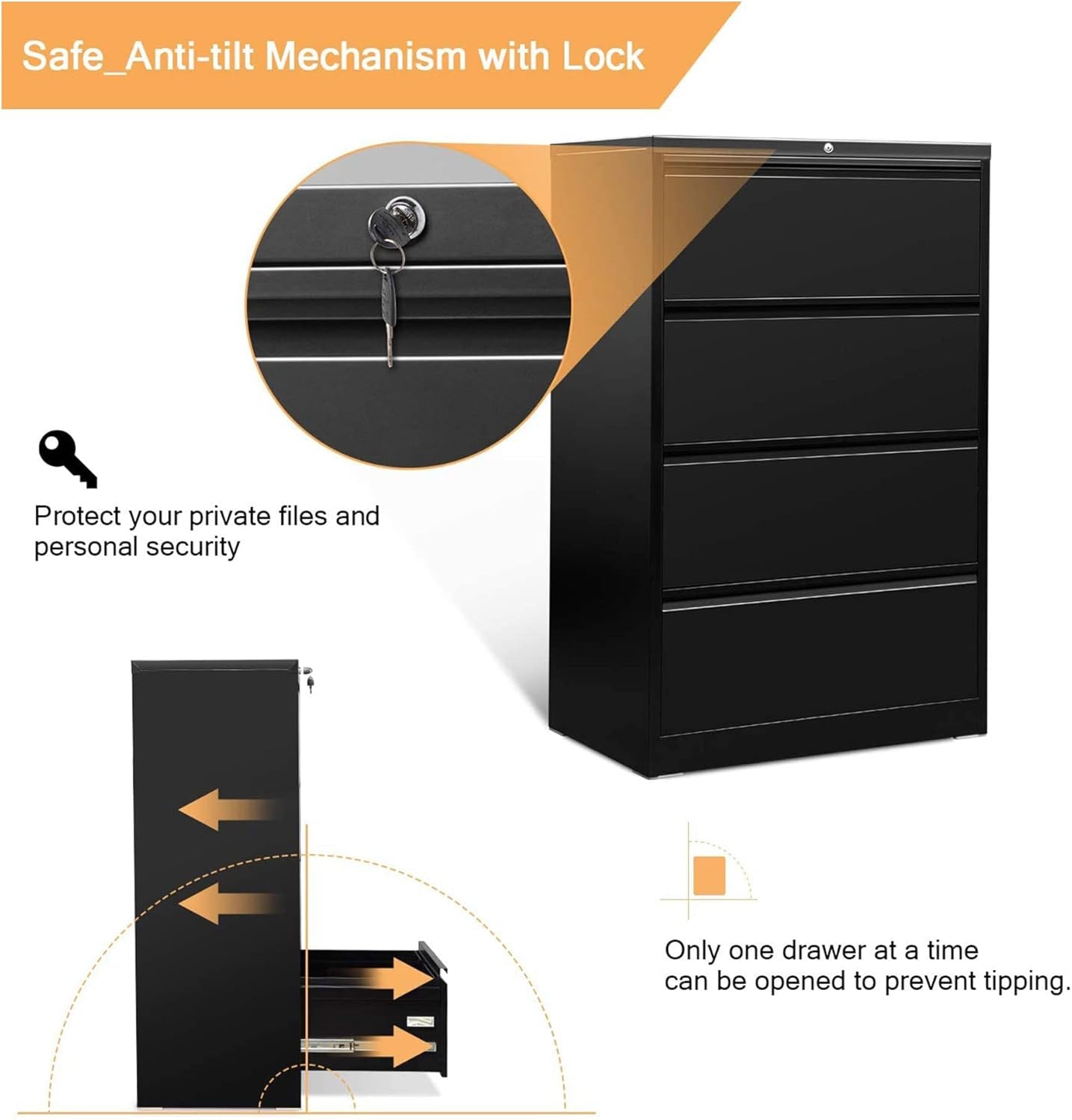4 Drawer Lateral Steel File Organizing Cabinet with Locking System and Adjustable Hanging Bars for Letter/Legal Size Paper, Black