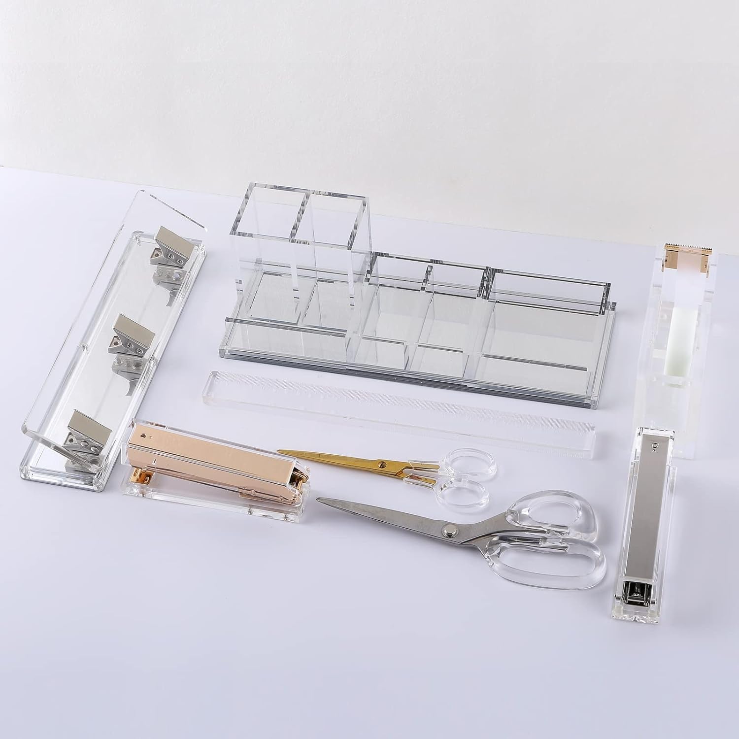 Acrylic Desk Organizer 4-Piece Desk Kit + Free Complimentary Acrylic Ruler, Desktop Organization for Office or Home (Silver)