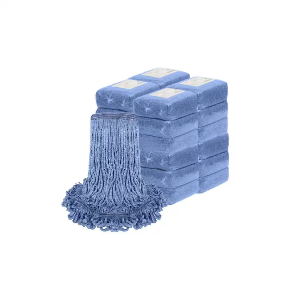 Commercial Flat Wet Mop Heavy-Duty Cotton Mop Head Replacement, Looped End String in Blue (24-Pack)