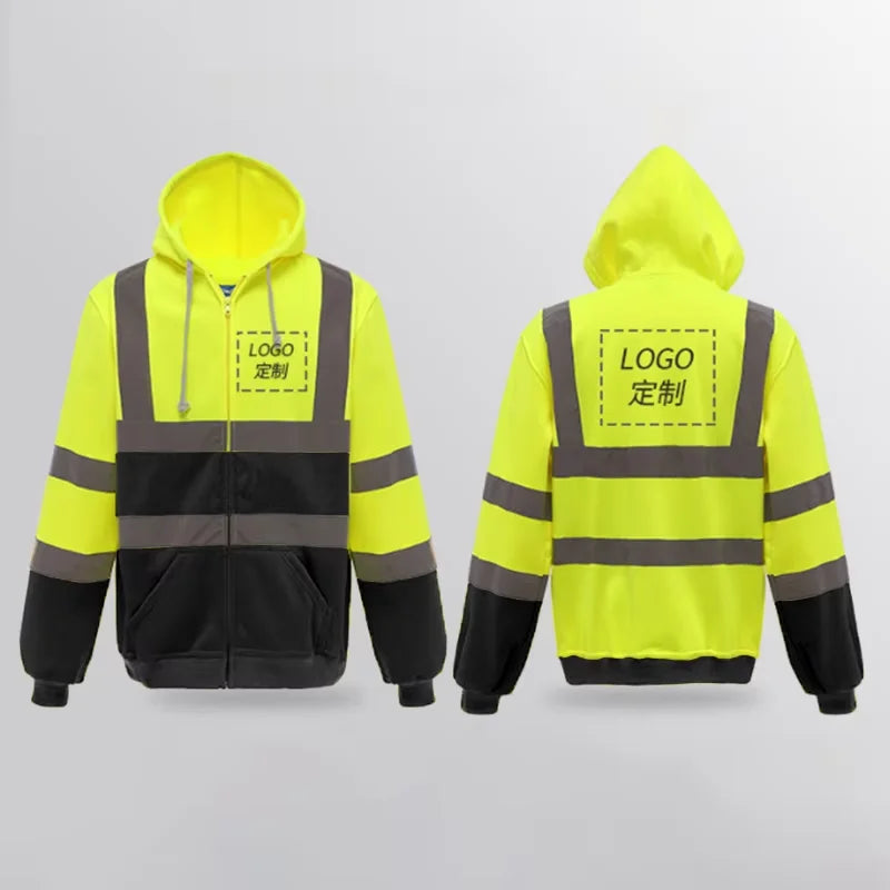Custom LOGO High Visibility Safety Hoodied Sweatshirt Pullover Hi Vis Fleece Jacket Safety Workwear