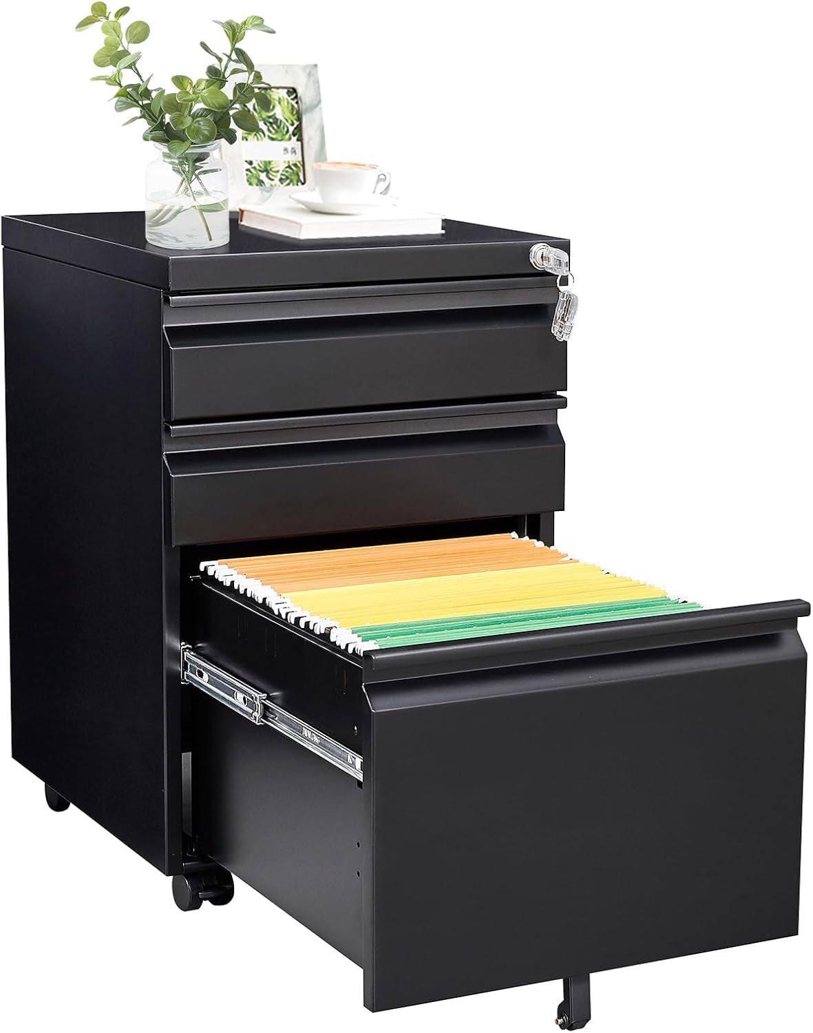 Metal 3 Drawer Mobile Filing Cabinet A4/F4 Size Storage with Wheel Disassembled (Black)