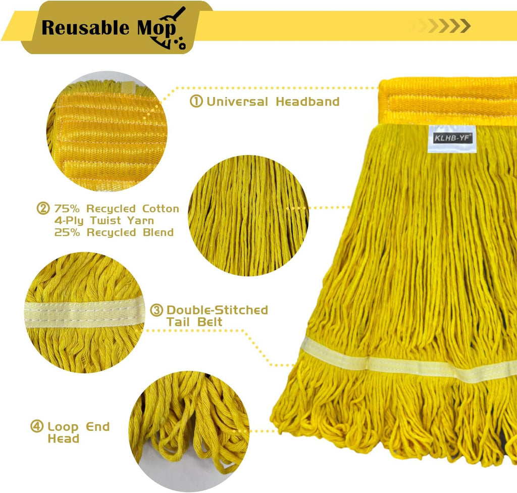 Heavy Duty Wet Industrial Cleaning Mop Head – Mop Head Replacement Perfect Cotton Washable Mop Head Replacement for Commercial & Home Cleaning（Yellow）