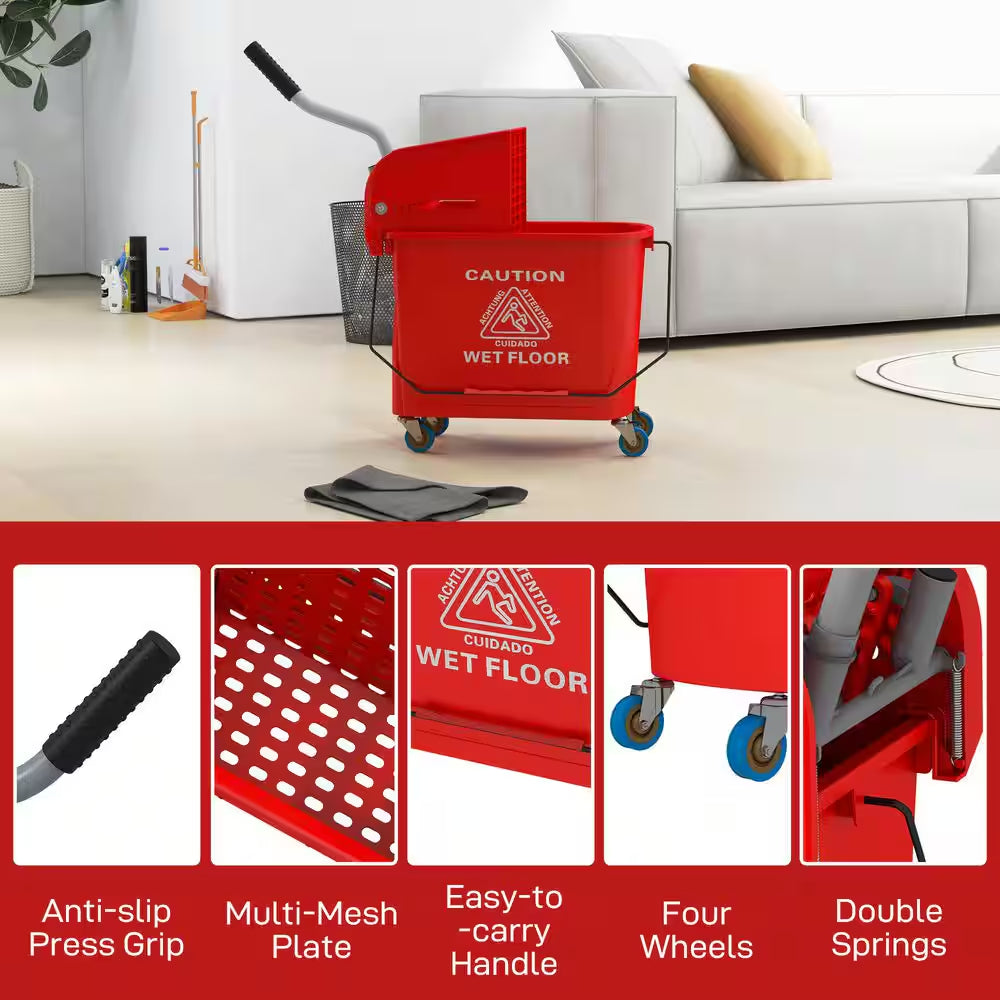5 Gal. Mop Bucket with Wringer and Wheels, Separate Dirty and Clean Water, Red
