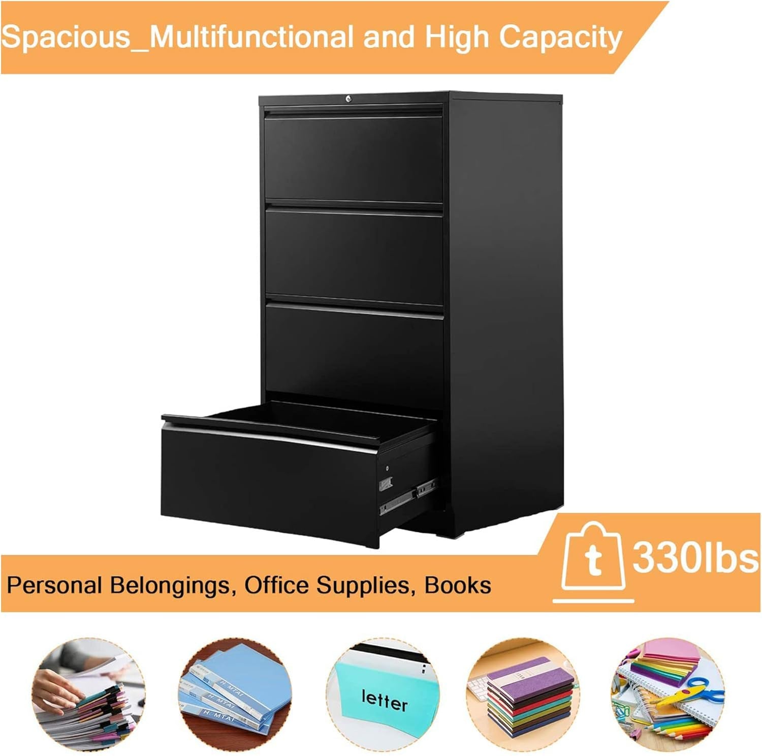 4 Drawer Lateral Steel File Organizing Cabinet with Locking System and Adjustable Hanging Bars for Letter/Legal Size Paper, Black