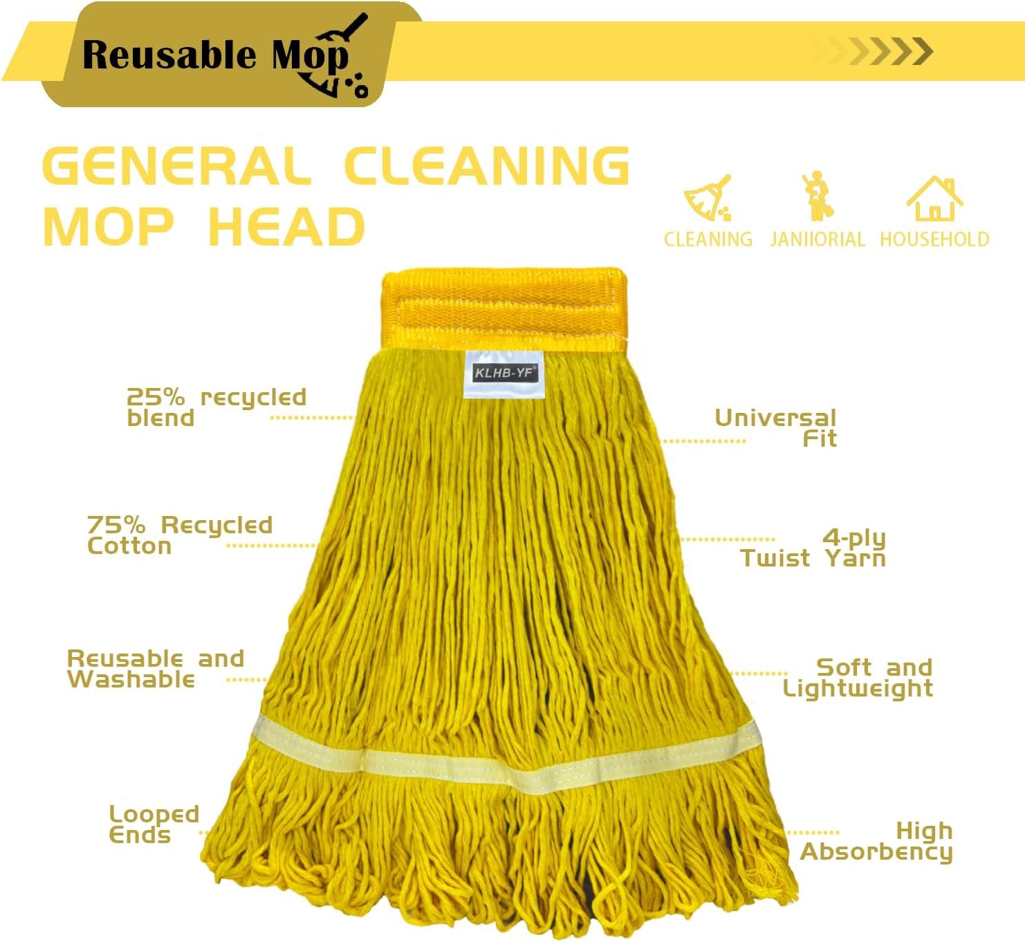 Heavy Duty Wet Industrial Cleaning Mop Head – Mop Head Replacement Perfect Cotton Washable Mop Head Replacement for Commercial & Home Cleaning（Yellow）