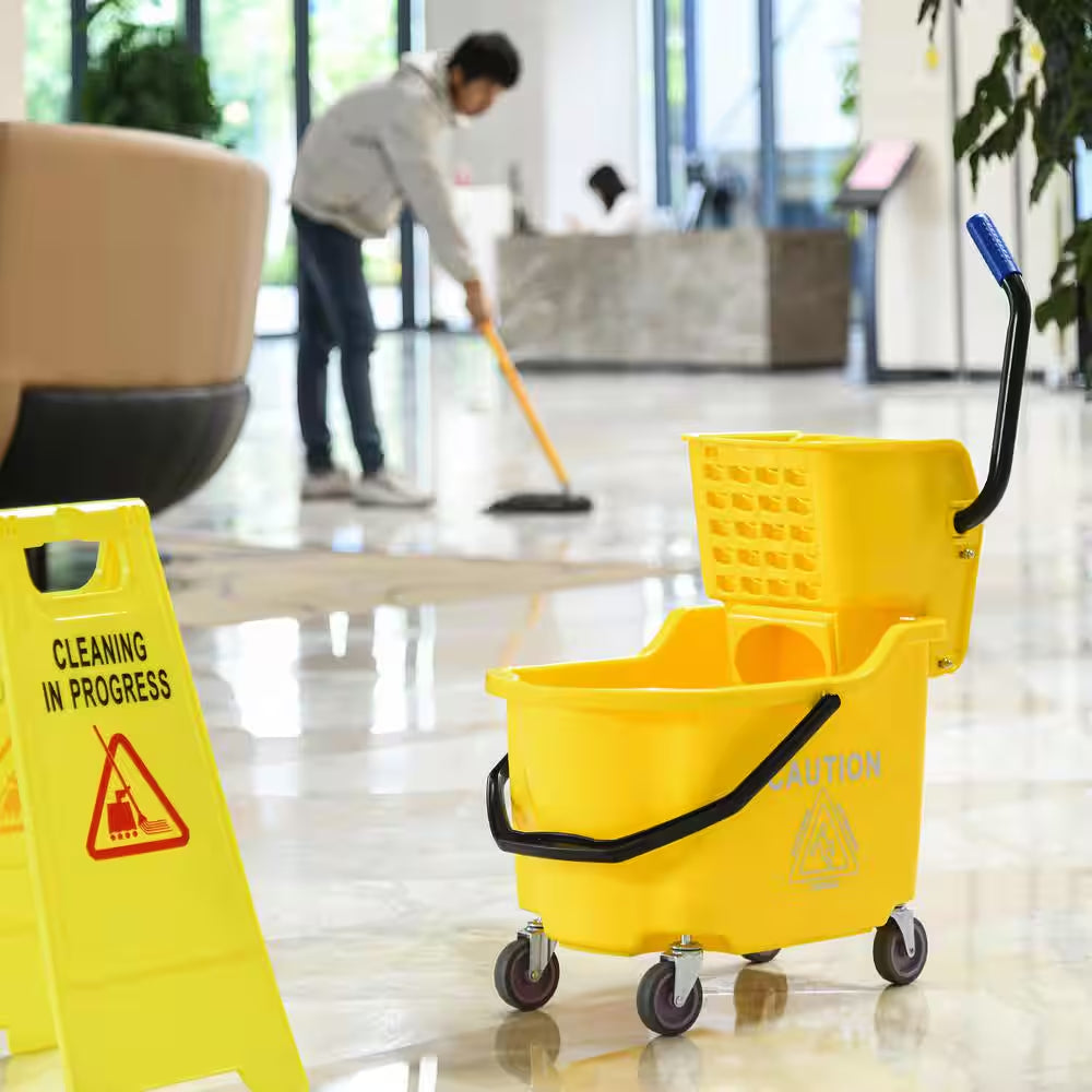 34 Qt. Capacity Yellow Mop Bucket with Side Press Wringer Cart on Wheels with Metal Handle
