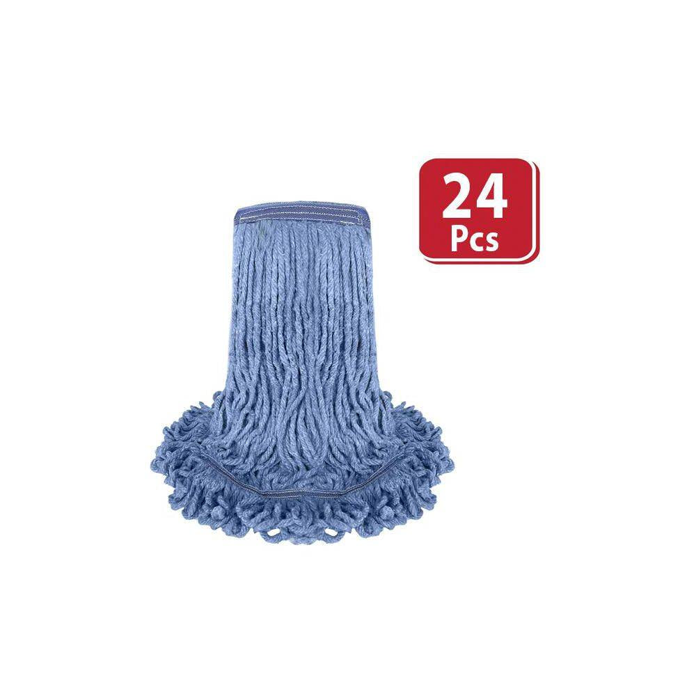Commercial Flat Wet Mop Heavy-Duty Cotton Mop Head Replacement, Looped End String in Blue (24-Pack)