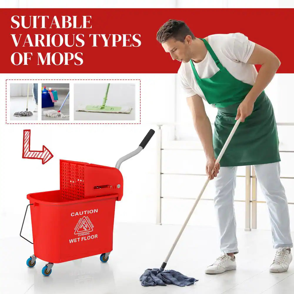 5 Gal. Mop Bucket with Wringer and Wheels, Separate Dirty and Clean Water, Red