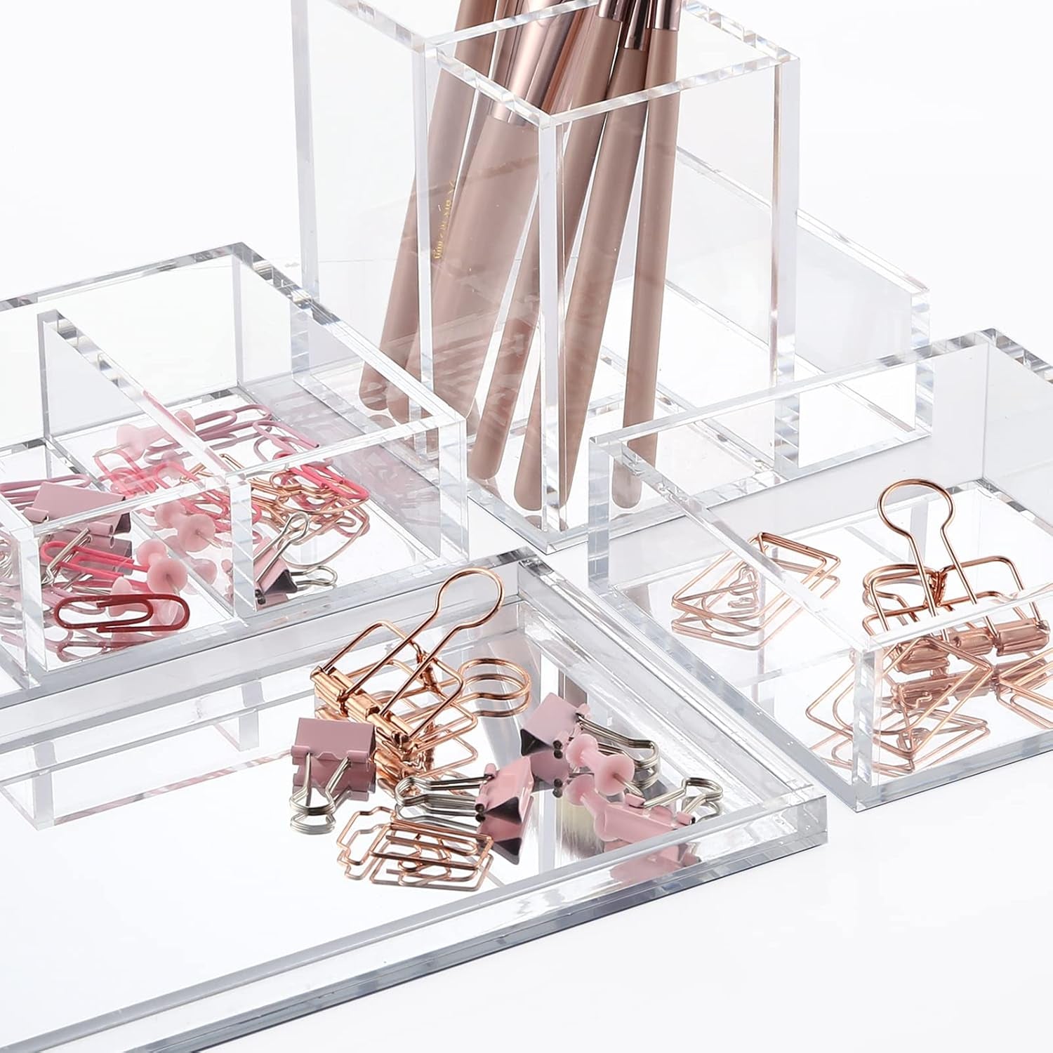 Acrylic Desk Organizer 4-Piece Desk Kit + Free Complimentary Acrylic Ruler, Desktop Organization for Office or Home (Silver)