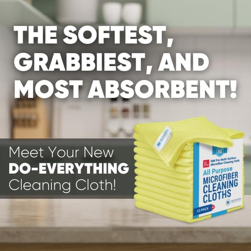 12" X 12" MW Pro Multi-Surface Microfiber Cleaning Cloths | Yellow - 12 Pack | Premium Microfiber Towels for Cleaning Glass, Kitchens, Bathrooms, Automotive, Supplies & Products
