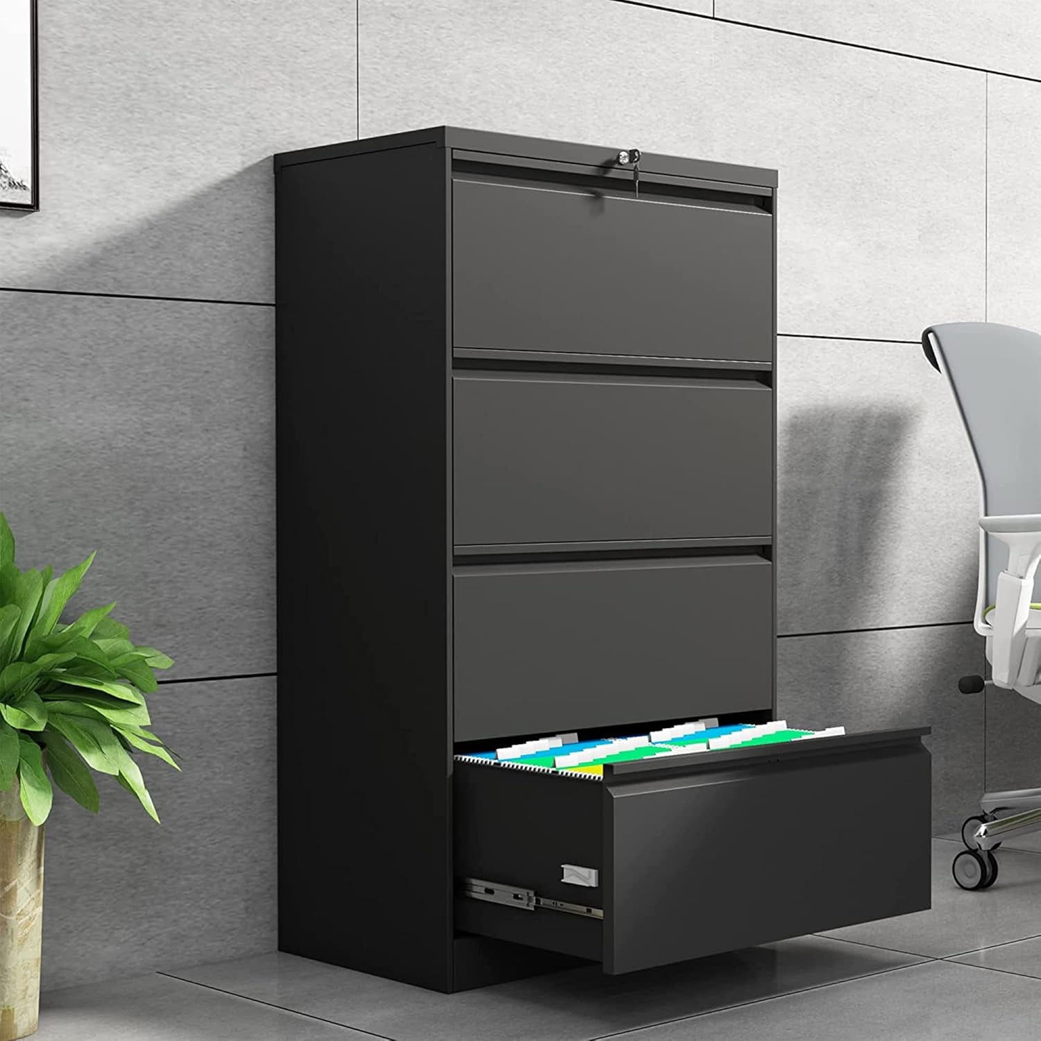 4 Drawer Lateral Steel File Organizing Cabinet with Locking System and Adjustable Hanging Bars for Letter/Legal Size Paper, Black