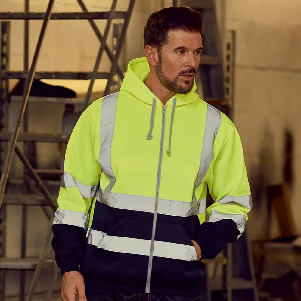 Custom LOGO High Visibility Safety Hoodied Sweatshirt Pullover Hi Vis Fleece Jacket Safety Workwear