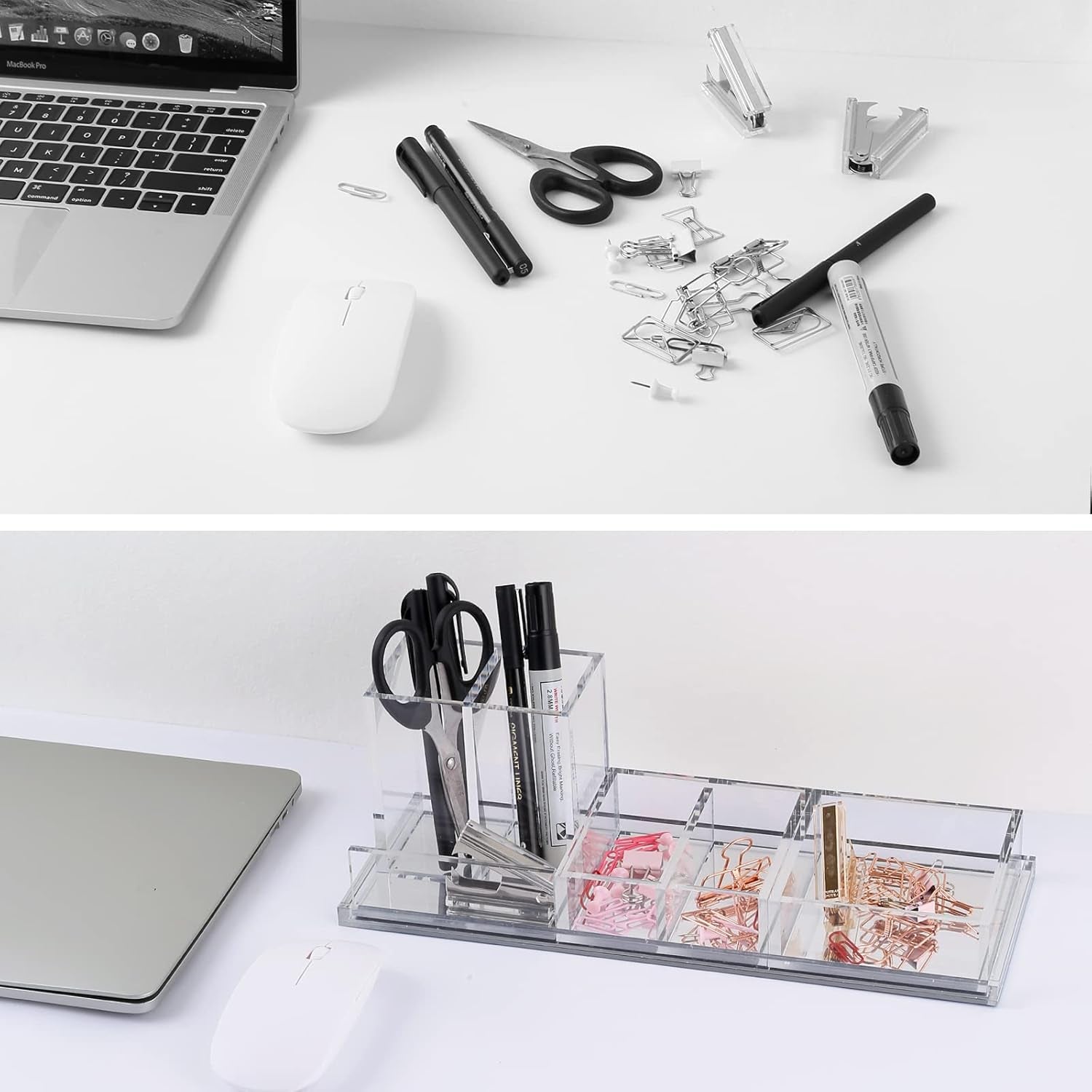 Acrylic Desk Organizer 4-Piece Desk Kit + Free Complimentary Acrylic Ruler, Desktop Organization for Office or Home (Silver)