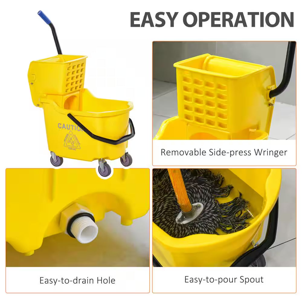34 Qt. Capacity Yellow Mop Bucket with Side Press Wringer Cart on Wheels with Metal Handle