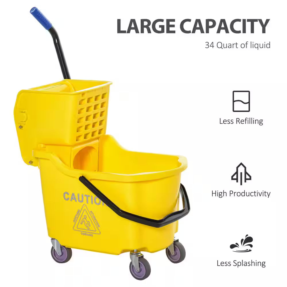 34 Qt. Capacity Yellow Mop Bucket with Side Press Wringer Cart on Wheels with Metal Handle