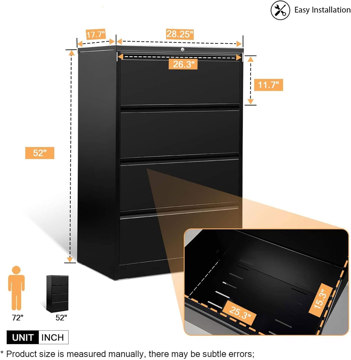 4 Drawer Lateral Steel File Organizing Cabinet with Locking System and Adjustable Hanging Bars for Letter/Legal Size Paper, Black