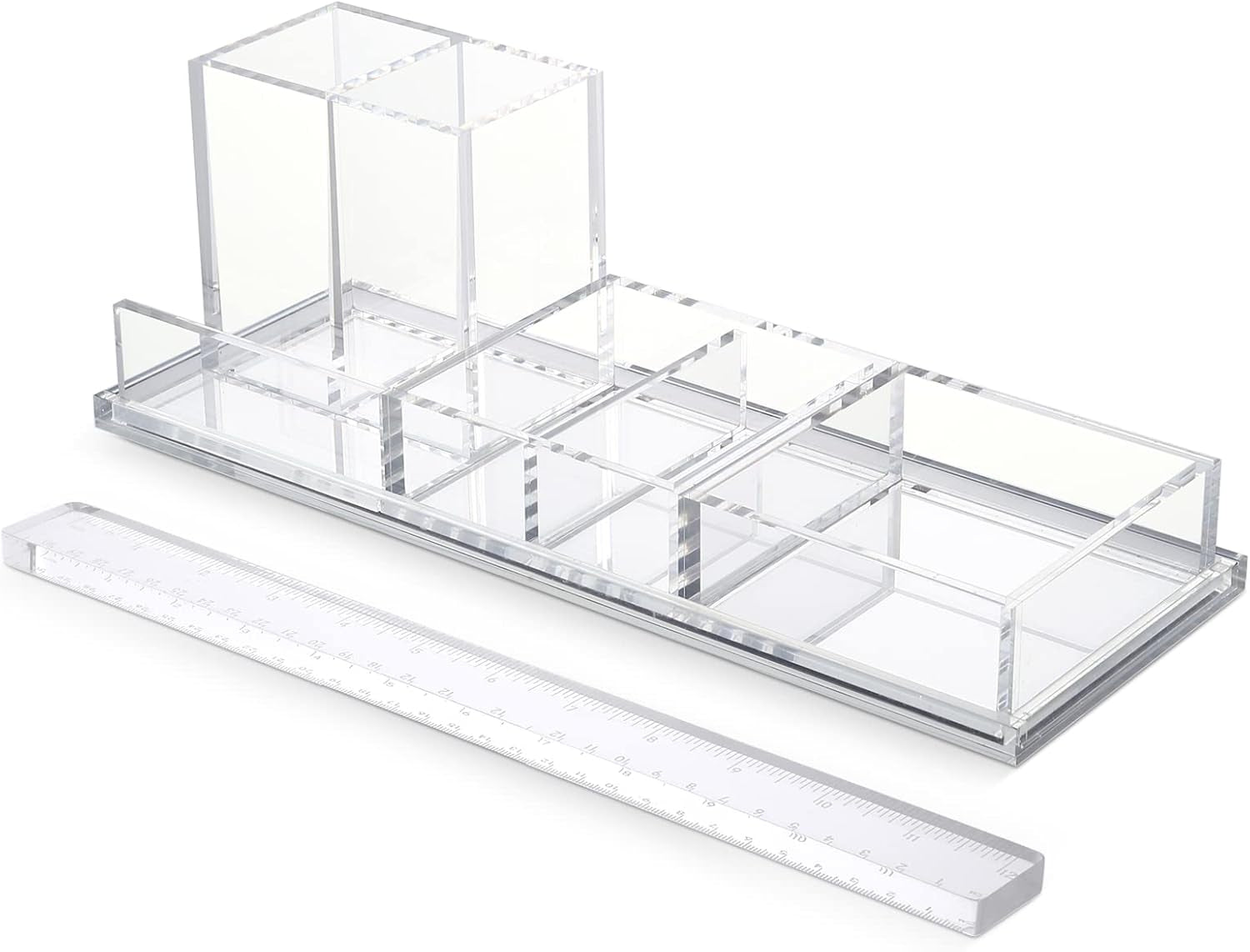 Acrylic Desk Organizer 4-Piece Desk Kit + Free Complimentary Acrylic Ruler, Desktop Organization for Office or Home (Silver)