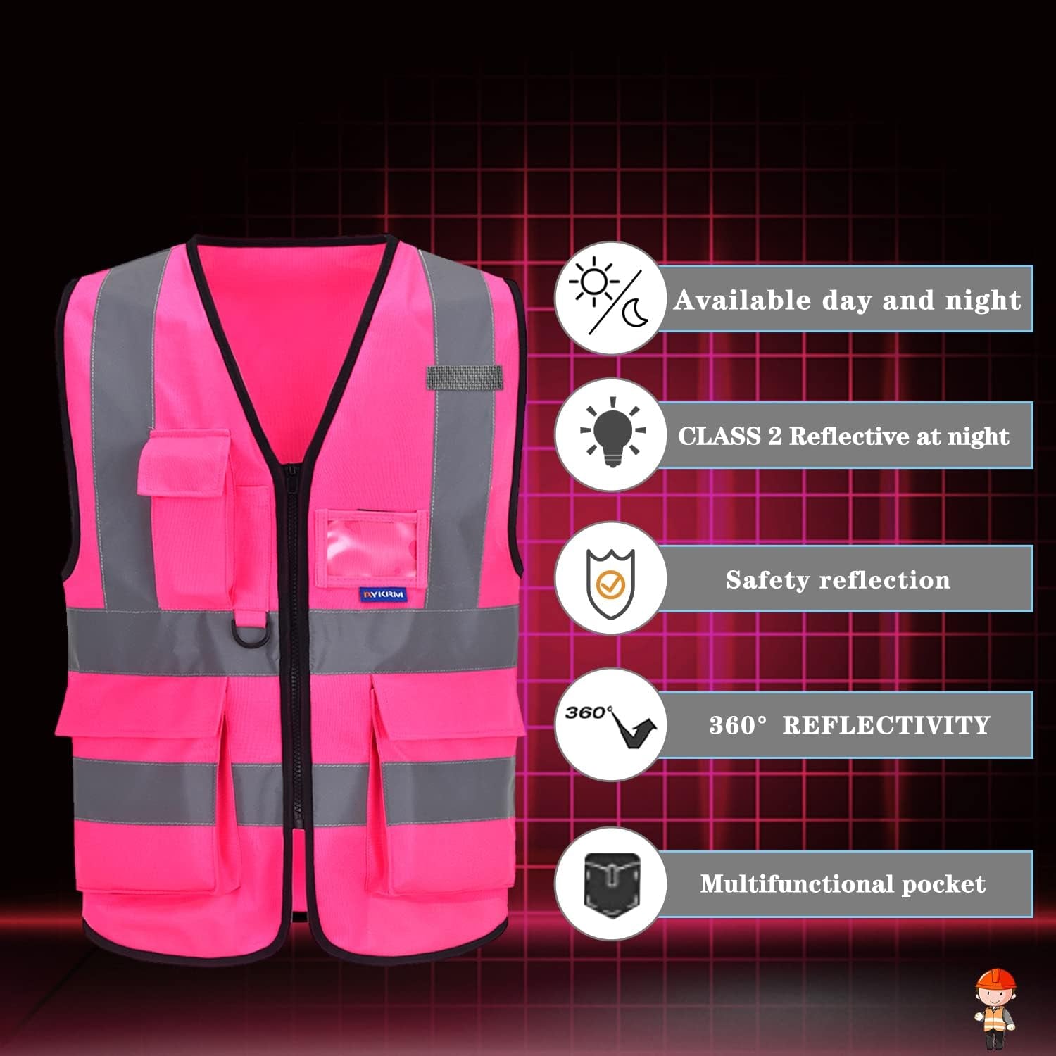 Pink High Visibility Safety Vest with Reflective Strips, Multiple Colors Available,X-Large