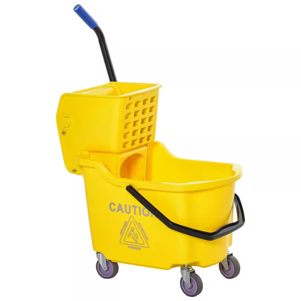 34 Qt. Capacity Yellow Mop Bucket with Side Press Wringer Cart on Wheels with Metal Handle