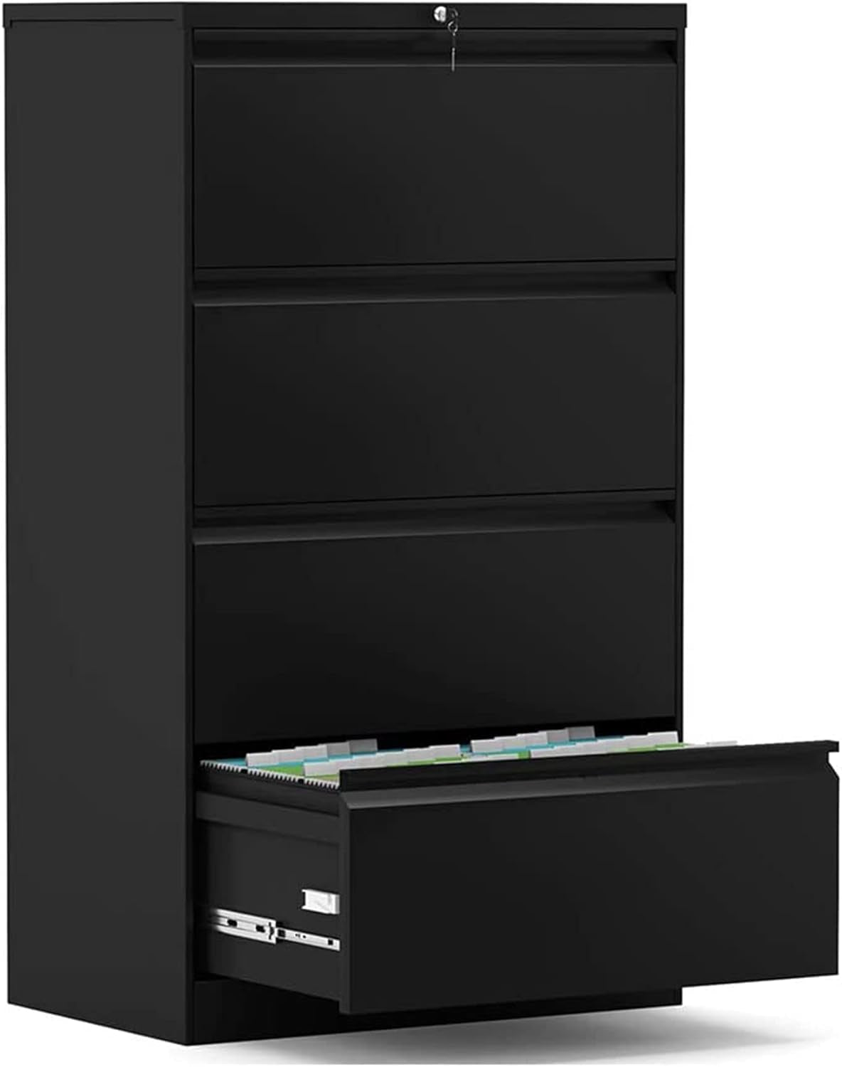 4 Drawer Lateral Steel File Organizing Cabinet with Locking System and Adjustable Hanging Bars for Letter/Legal Size Paper, Black