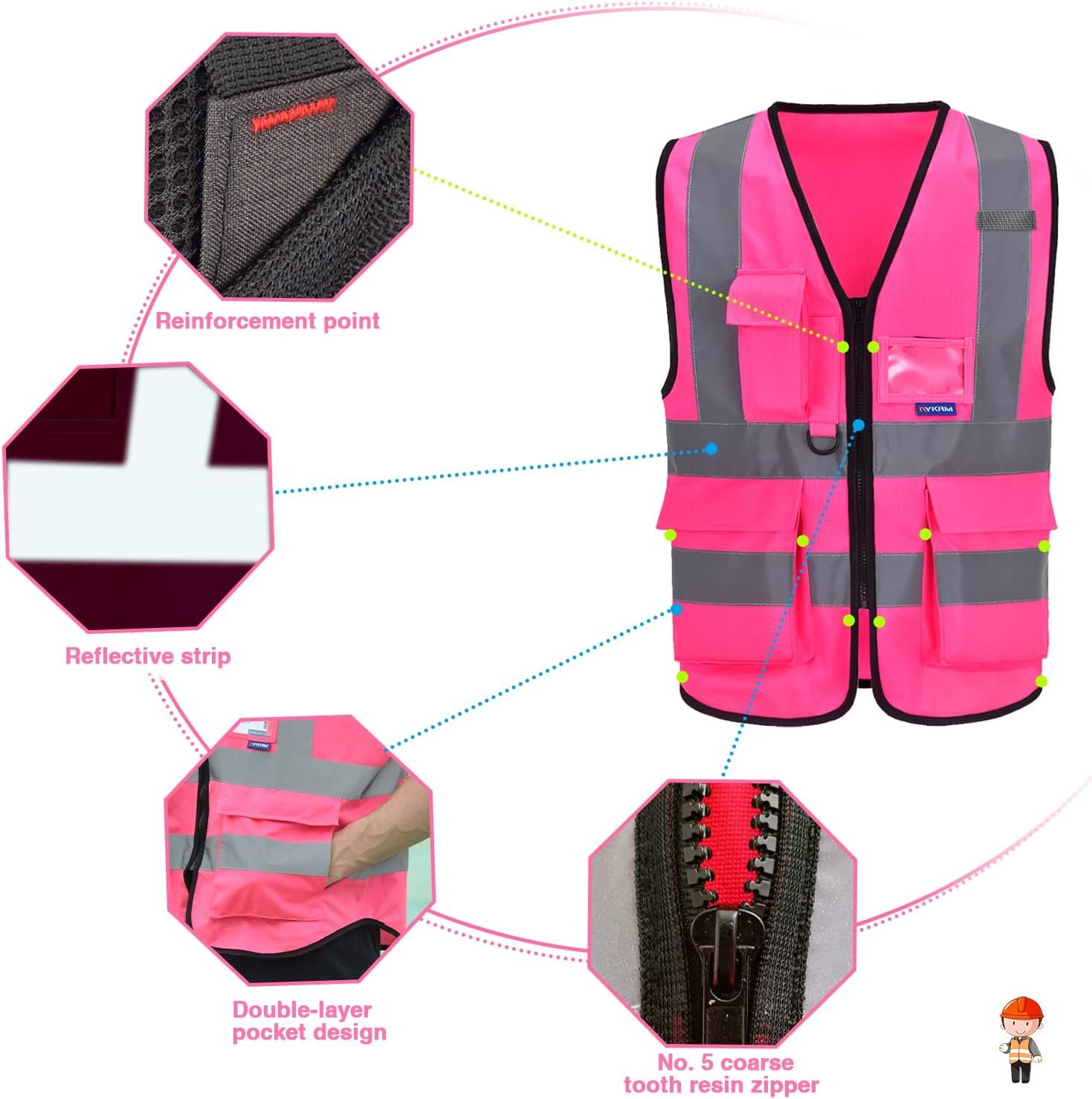 Pink High Visibility Safety Vest with Reflective Strips, Multiple Colors Available,X-Large